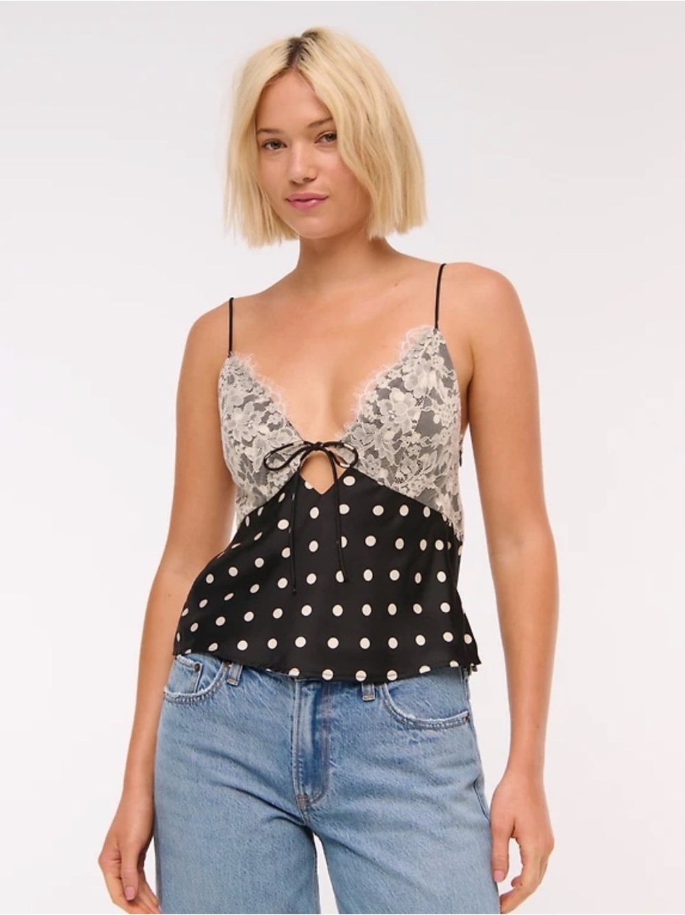 Abercrombie & Fitch Black Satin Cami with Cream Lace & Polka Dot Detail